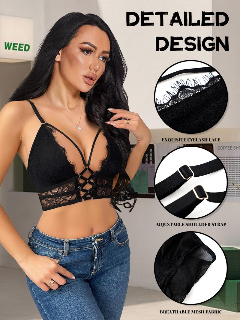 Buitifo Womens Cami Bra Criss Cross Eyelash Crop Top Bra Sexy Vest Bralette Busiter Lingerie (Black,XL) - Image 3